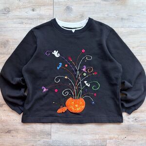 Vintage Halloween Sweatshirt Size Medium Black Pumpkin Ghost Witch Embroidered